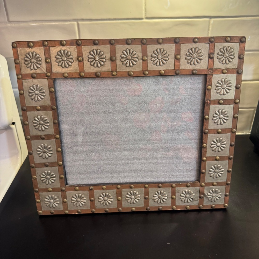 Handcrafted Mixed Metal Floral Picture Frame 8x10 Copper Silver Studded Boho